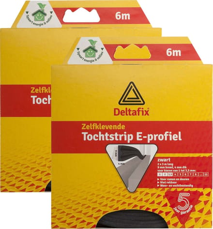 Deltafix Tochtstrip - 2x - tochtwering - zwart - zelfklevend - E-profiel - 6 m x 9 mm x 4 mm