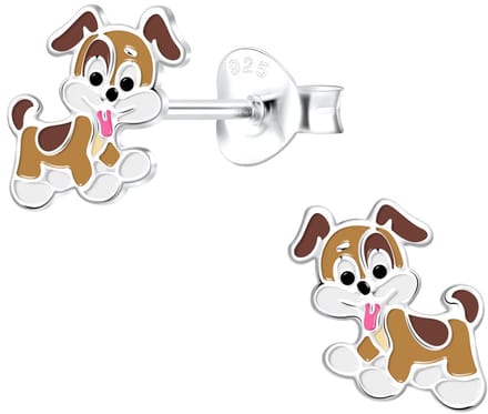 Joy|S - Zilveren hond oorbellen - 8 mm - bruin wit - kinderoorbellen - sterling zilver 925