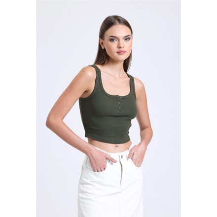Kwarto hals Geribbelde Knop Tanktop