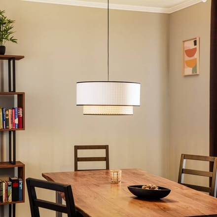 Duolla Boho-hanglamp, wit/hout, Ø 45 cm, textiel/rotan