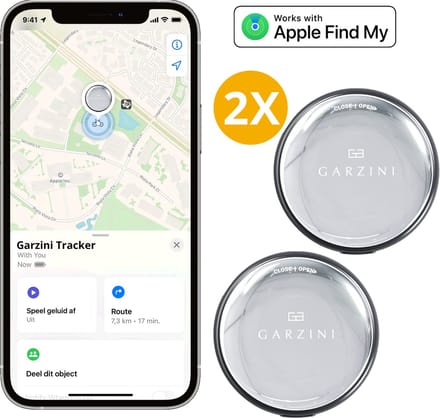 Garzini Bluetooth Tracker 2 Pack, Smart Tag, GPS Tracker, Keyfinder Geschikt Voor Apple, Koffer Tracker, Geen Abonnement, Batterij Vervangbaar, Zwart