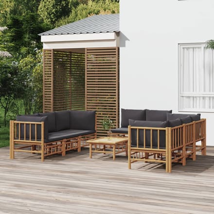 vidaXL - 9-delige - Loungeset - met - kussens - bamboe - donkergrijs