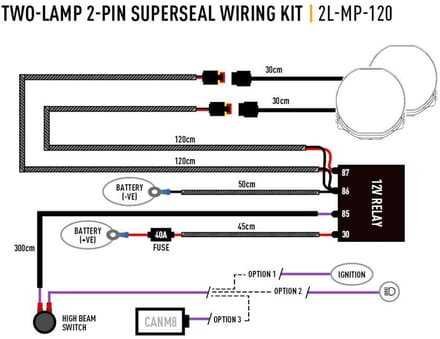 Kabelset - Lazer - Mid Power - 2 lampen - Incl. schakelaar - 2 pins - Superseal - 12V