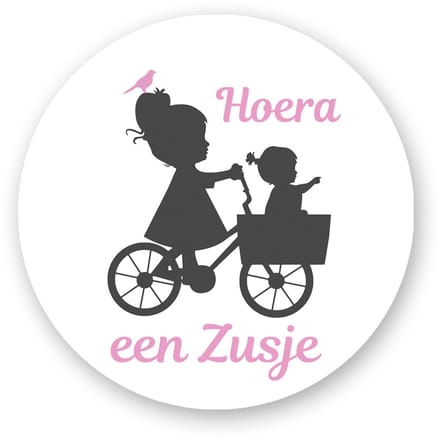 25x Sluitsticker - Hoera een Zusje Fiets Silhouette - Sluitzegel geboorte - Sluitstickers Pimp Studio