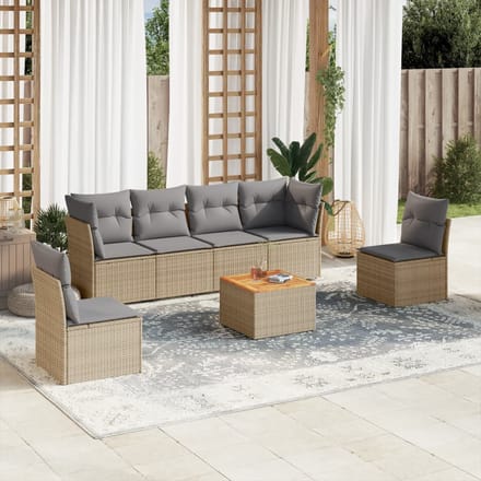 vidaXL - 7-delige - Loungeset - met - kussens - poly - rattan - beige