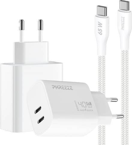 Phreeze usb C oplader 40w met usb C naar usb C kabel 1 meter - Power Delivery snellader met 2 usb C poorten - PPS fast charger
