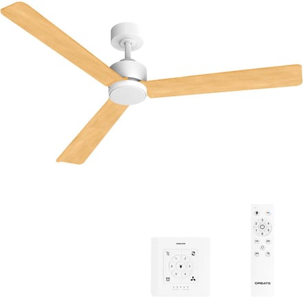 CREATE - Stille plafondventilator 40W met licht - Wit / Licht hout - Ø152cm - Controller voor wandmontage + afstandsbediening - WIND MODERN