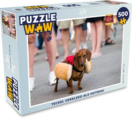 Puzzel Teckel verkleed als hotdog - Legpuzzel - Puzzel 500 stukjes