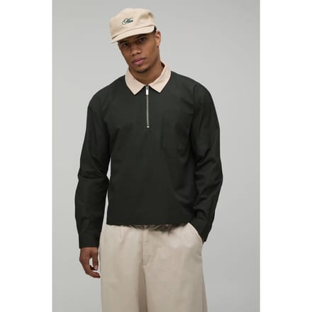 Oversized Boxy Quarter Zip Contrast Collar Poplin Shirt | Forest | Size Medium