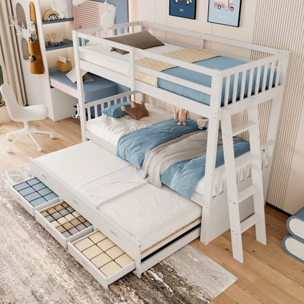 MODFU - Bedframe 90x200 cm – Wit grenenhout met uitschuifbed & 3 lades – Kindvriendelijk