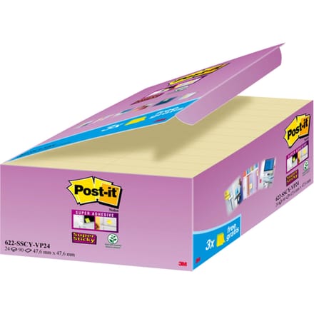 Memoblok 3M Post-it 622 Super Sticky 47.6x47.6mm geel 21 + 3 gratis