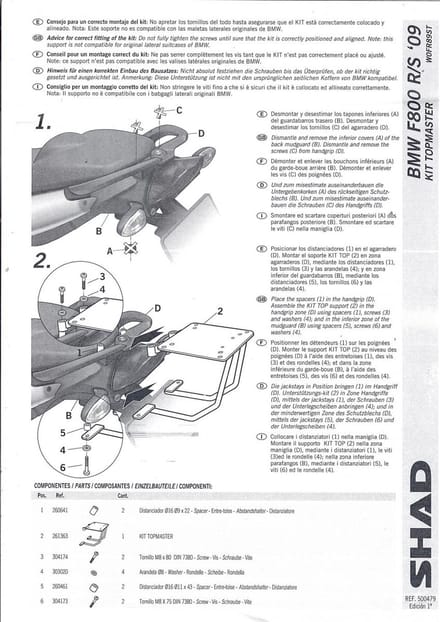 Kit TOP MASTER Support de top case Shad pour moto BMW F 800 S W0FR89ST