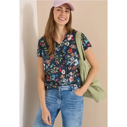 Blouse met korte mouwen, structuurmix en print