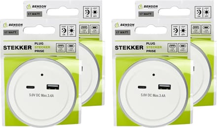 Benson LED nachtlampje - 4x - draadloos - met USB A en C - warm wit