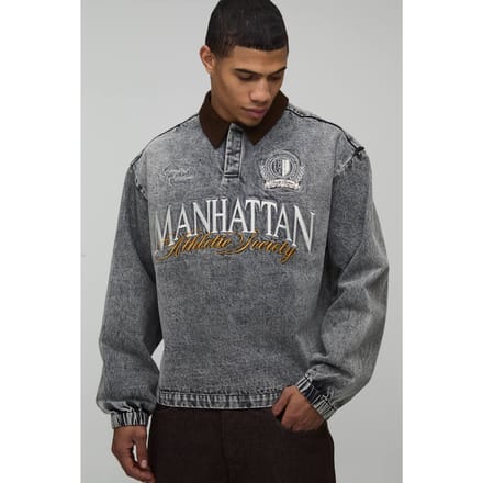 Stonewash Embroidered Oversized Varsity Denim Rugby Shirt | Size Medium