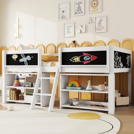 MODFU Halfhoog ledikant 90x200 cm – Grenenhout en MDF – Met opbergvakken & tekenbord – Wit