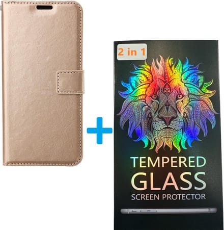 Portemonnee BookCase Hoesje + 2 Pack Screenprotector Glas Geschikt voor: Samsung Galaxy A03 Core -goud