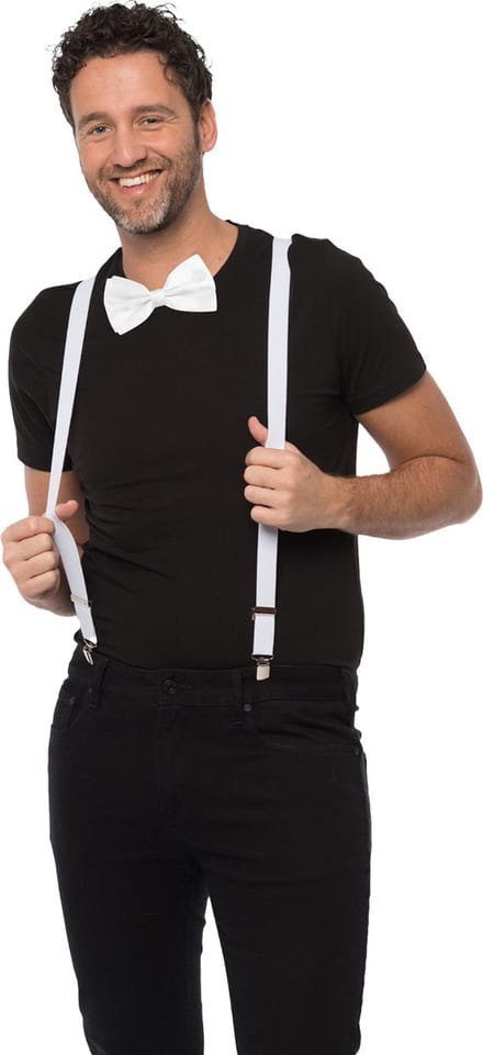 Carnaval verkleedset bretels en strik - wit - volwassenen/unisex - feestkleding accessoires