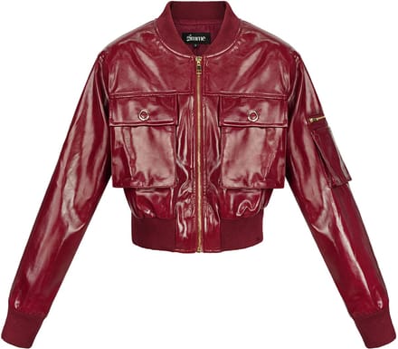 Stoere PU Vrouwen Korte Bomberjas met Hoge Glans - Rood - Maat M