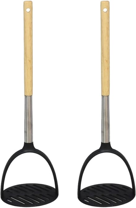Gerimport Aardappelstamper/pureestamper - 2x - kunststof/hout - keuken gerei - 32 cm