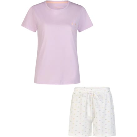 By Louise Dames Shortama Korte Pyjama Set Geprint Paars/Wit Gestipt - Maat M
