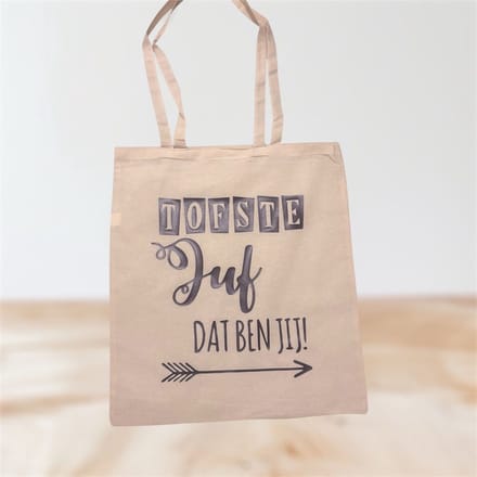 Cadeau tas - Tofste juf dat ben jij - beige - katoen - 38x42cm