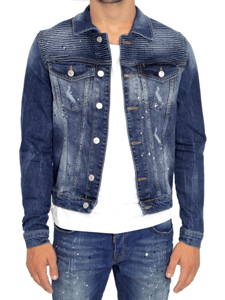 BIKER DENIM RIBBED JACKET | DENIM - DENIM / L