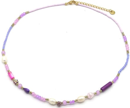 Ketting - Glaskralen en Parels - RVS - Lengte 40-45 cm - Paars