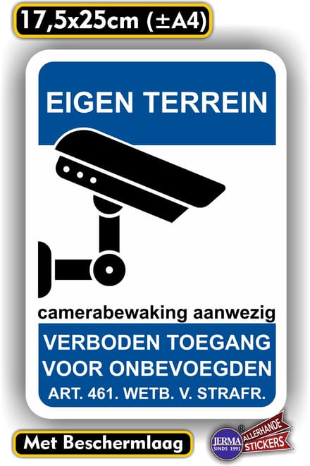 Jerma - EIGEN TERREIN - Sticker - camerabewaking - 17.5x25 cm - Vinyl - Zelfklevend - Weerbestendig