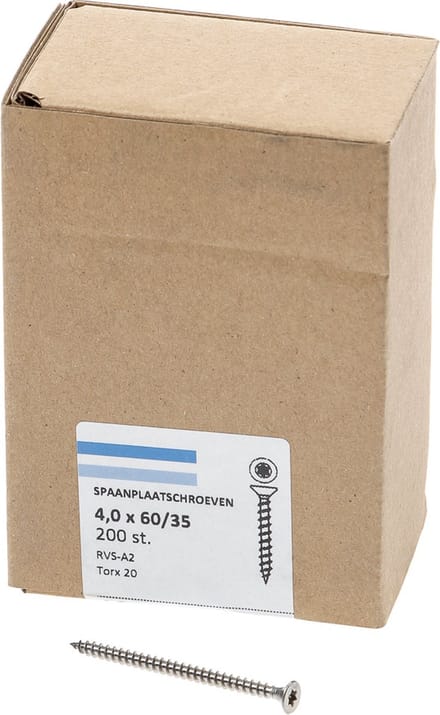 Hoenderdaal Spaanplaatschroef RVS platverzonken kop TX20 voldraad 4.0X60 (per 200 stuks)