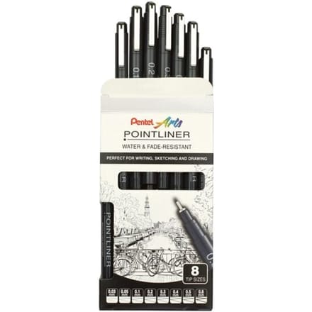 Pentel Perma fineliners, 8-delige set, zwart, 0,03-0,8 mm