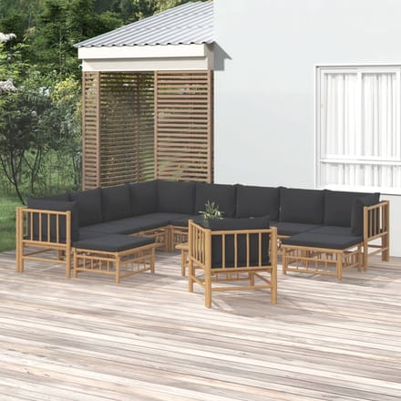 vidaXL - 12-delige - Loungeset - met - kussens - bamboe - donkergrijs