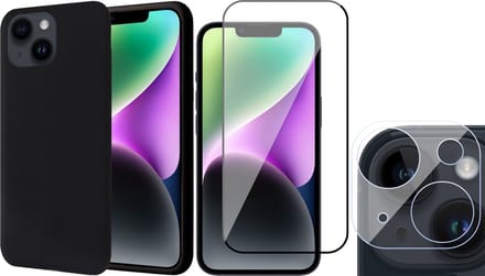 Hoesje geschikt voor iPhone 14 Plus - Screenprotector FullGuard & Camera Lens Screen Protector - Back Cover Case SoftTouch Zwart
