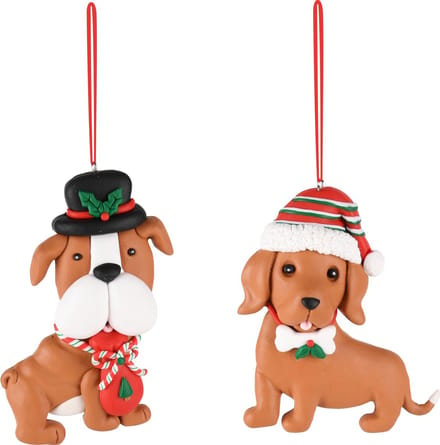 Dekoratief | Hanger hondje m/muts/hoed, klei, 10x3x8cm, set van 2 stuks | A245297