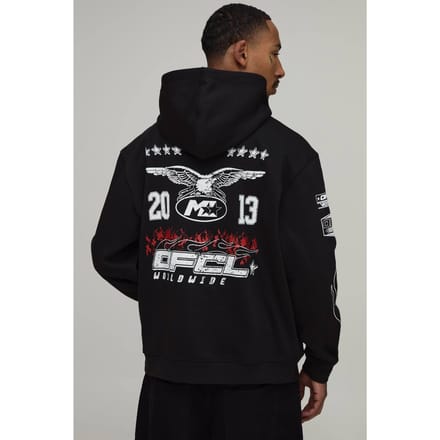 Zwarte Oversized Moto Multi Grafische Hoodie | Black | Size 2XL