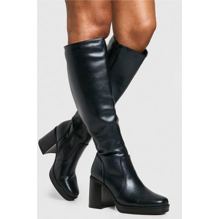 boohoo Dames Kniehoge Platform Block-Hoekhiel Laarzen | Zwart | Maat: 41