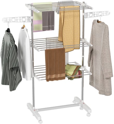 Stendino Verticale Pieghevole in Acciaio e Plastica con 6 Ruote en 3 Ripiani Regolabili, 142x55x172 cm