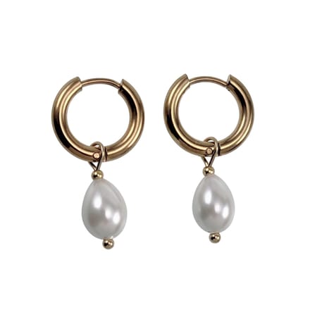 ∅15mm x 2,5mm Oorbellen Dames - Verguld RVS - Oorringen met Witte Druppelhangers
