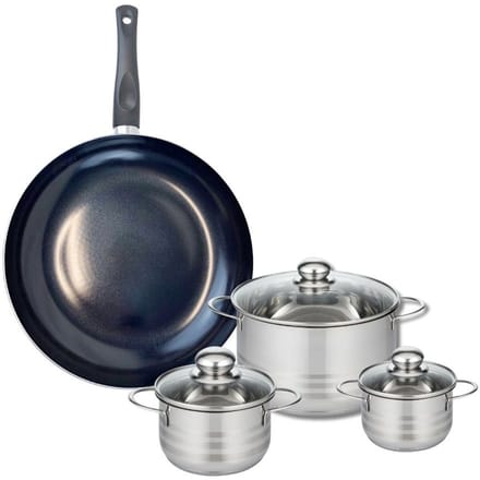 Set van 1 Koekenpan 32 cm en 3 kookpotten 12, 14 en 20 cm Elo Prima Glanzend