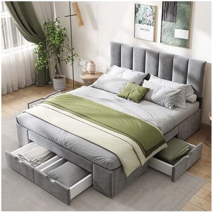 ModernLuxe Volwassen bed bekleed met fluweel 140x200cm met 4 laden + verstelbaar hoofdeinde + lattenbodem - Grijs