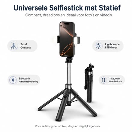 3-in-1 Selfie Stick - Met LED Verlichting - Statief - Bluetooth - Zwart