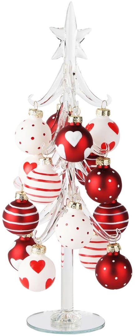 Dekoratief | Kerstboompje m/balletjes, rood/wit/transparant, glas, 9x9x26cm | A255295