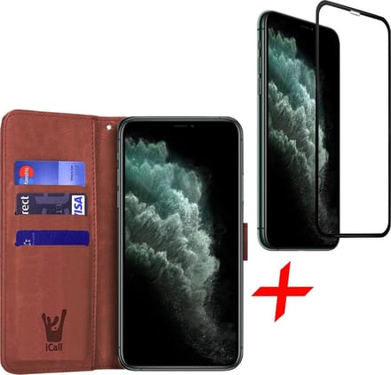 Hoesje geschikt voor iPhone 11 pro - bruin book cover Kunstleer wallet + Screenprotector glas tempered glass screen protector full screen