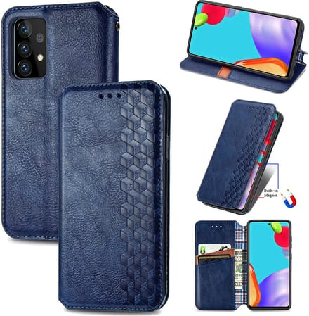 Luxe PU Lederen Ruitpatroon Wallet Case + PMMA Screenprotector voor Galaxy A52 (4G/5G) / A52s 5G _ Blauw