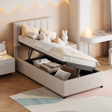 Kinderbed 90x200 cm - Hydraulisch Opbergbed - Linnen - Beige