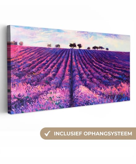 Canvas - Olieverf - Bloemen - Lavendel - Schilderij - Paars - 40x20 cm - Muurdecoratie - Interieur