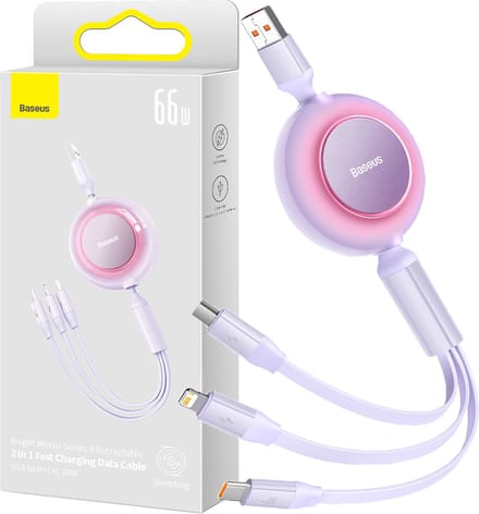 Baseus - Bright - Mirror - 2 - intrekbare - kabel - 3in1 - kabel - USB - Type - A - micro - USB - + - Lightning - + - USB - Type - C - 66W - 1,1m - paars - (CAMJ010105)