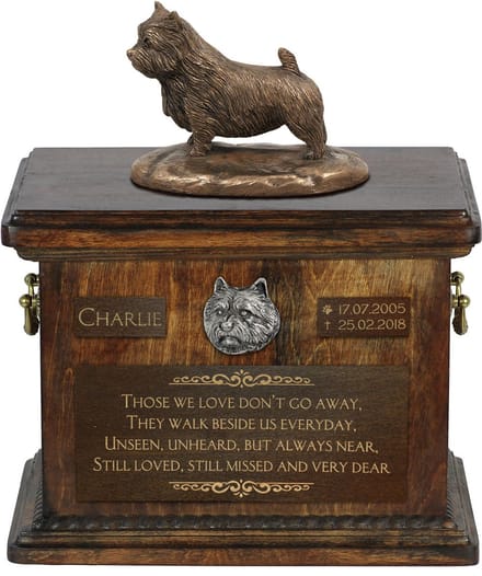 Persoonlijke urn voor Norwich Terrier met beeldje en as van je hond