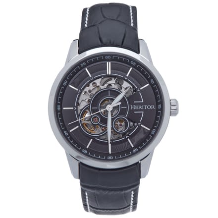 Heritor Automatic Davies Semi-Skeleton Horloge met Leren Band - Zilver/Zwart