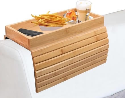 Bamboe Sofa Tablet voor Armleuning, Vouwbaar en Antislip, Opbergruimte voor Afstandsbediening, Snacks en Drankjes